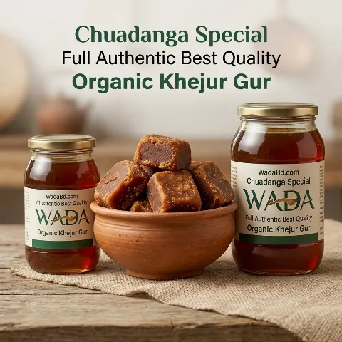 Chuadanga organic khejur gur in a clay bowl with Wada jars